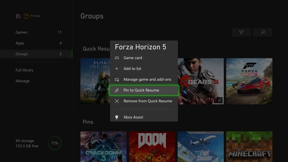 Xbox Pin to Quick Resume