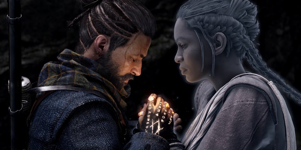 Red and his ghost wife Anthea holding hands