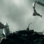 Final Fantasy 7 Rebirth Cloud leaping at Sephiroth with the buster sword above his head