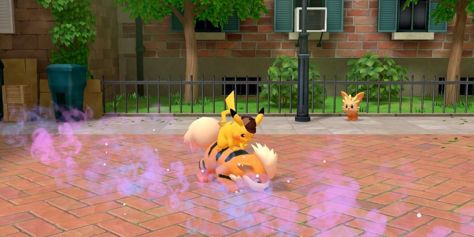 Detective Pikachu riding Growlithe for scent trails