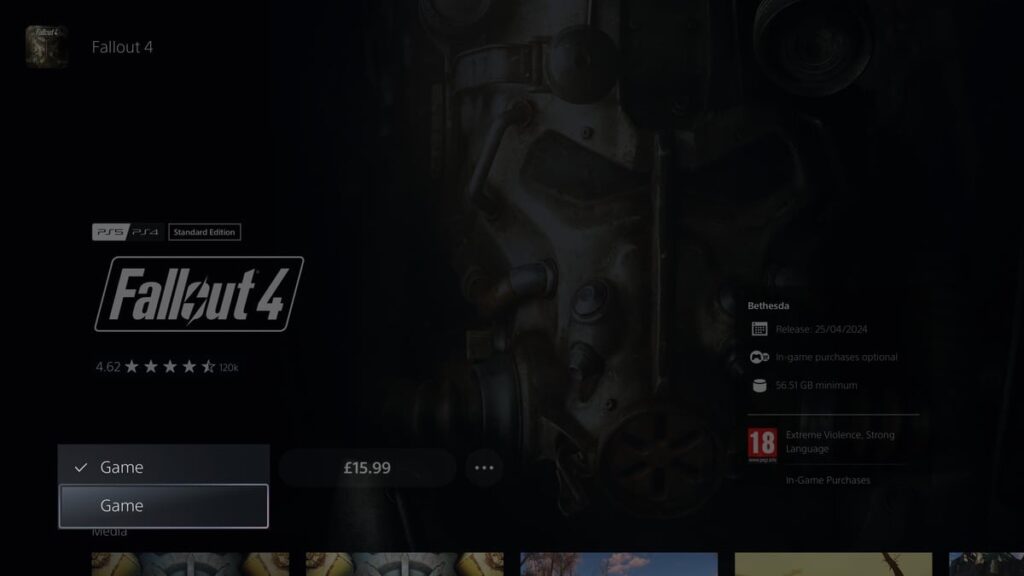 Fallout 4 in PS Plus drop menu "game"