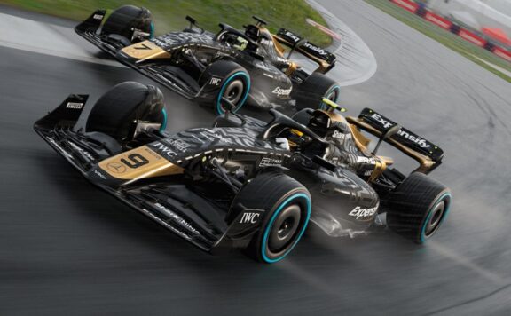 F1 25 – F1 The Movie DLC header – APXGP team cars driving rounding a race track