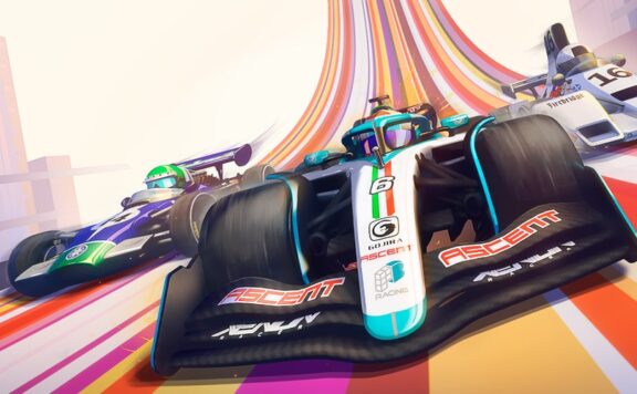 Formula Legends keyart header – F1 cars driving down striped road