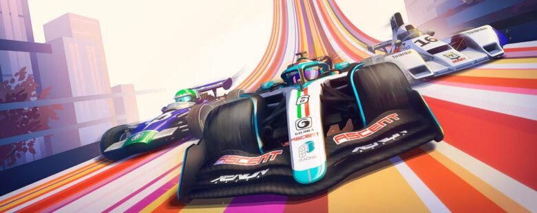 Formula Legends keyart header – F1 cars driving down striped road