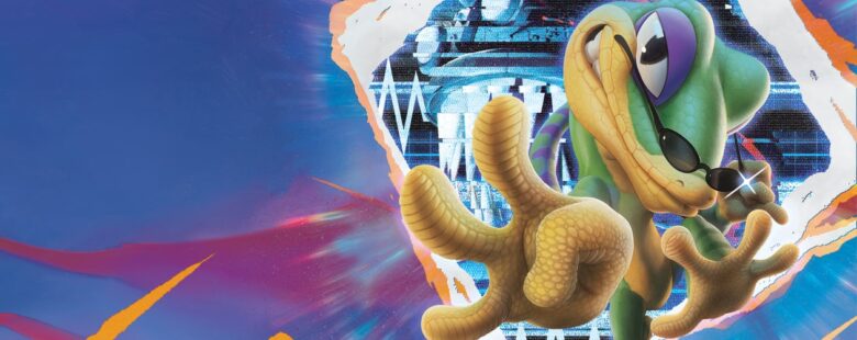 Gex Trilogy header –Gex the Gecko wearing sunglasses holding up three fingers