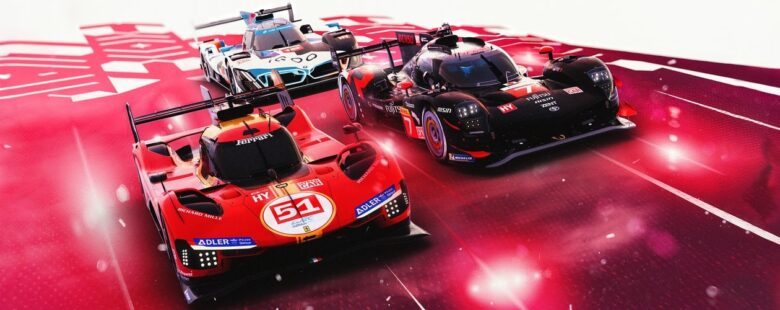 Le Mans Ultimate – keyart header – Ferrari, Toyota and BMW cars on a red surface