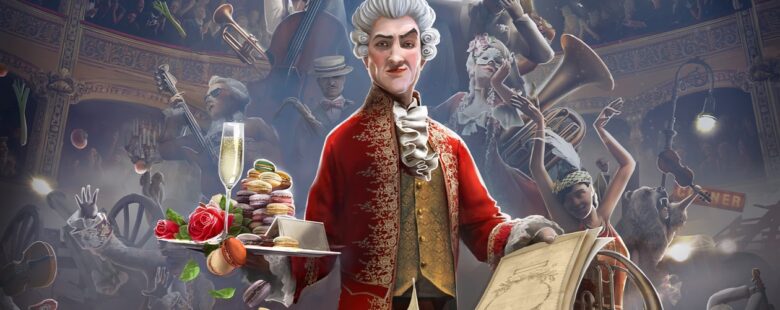 Maestro keyart header – Renaissance butler in front of costumed musicians, with tray of treats and manuscript in hand