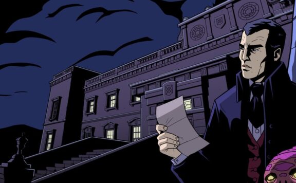 The Seance of Blake Manor header – Detective Declan Ward reading a note in front of Blake Manor at night