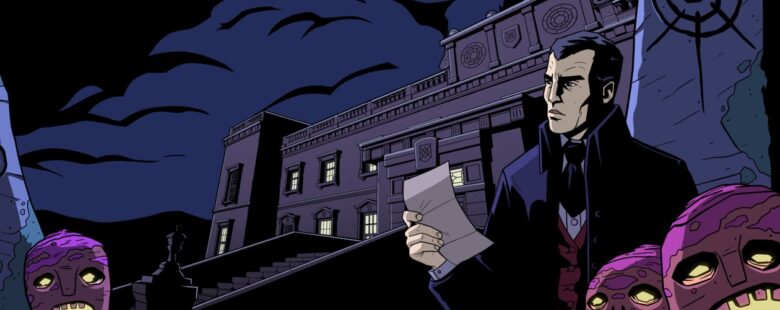 The Seance of Blake Manor header – Detective Declan Ward reading a note in front of Blake Manor at night
