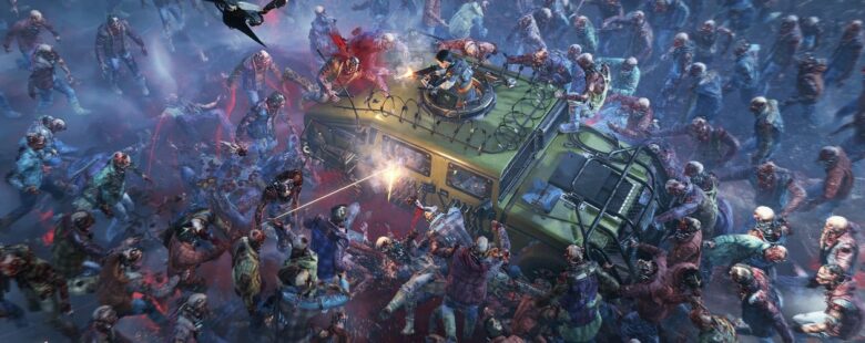 John Carpenter's Toxic Commando header screenshot – hummvee in a zombie horder