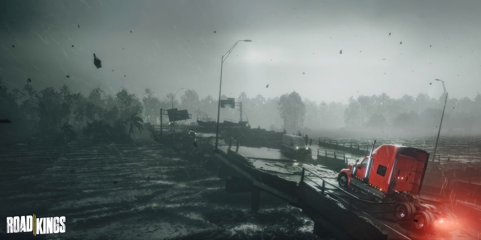 Road Kings truck crossing broken bridge in a storm